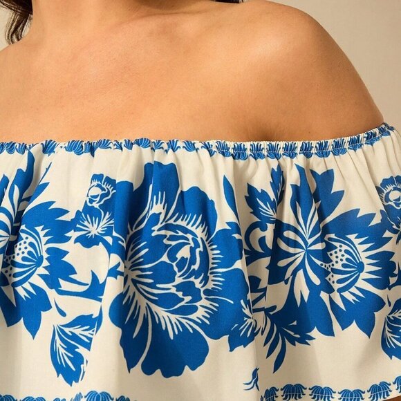Multicolor Boho Women's Summer Flower Printed Flounce Off-Shoulder Crop Top - Picture 7 of 7